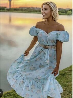 Off-Shoulder Light Blue Floral LoveShackFancy Maxi Dress